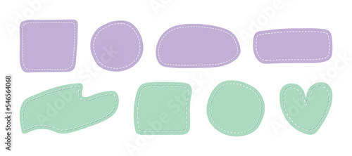 Purple and green mint dotted patches. Pastel templates, place for text or photo frames. Set patches of different shapes with dotted line. Decorative vector elements isolated on white background.