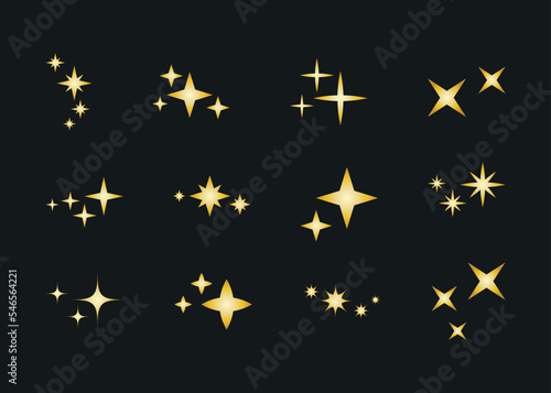 Set of decorative golden sparkles elements. Gold gradient little stars  isolated on black background. Cute yellow star silhouettes for decorating invitations and cards  holiday decor and design.
