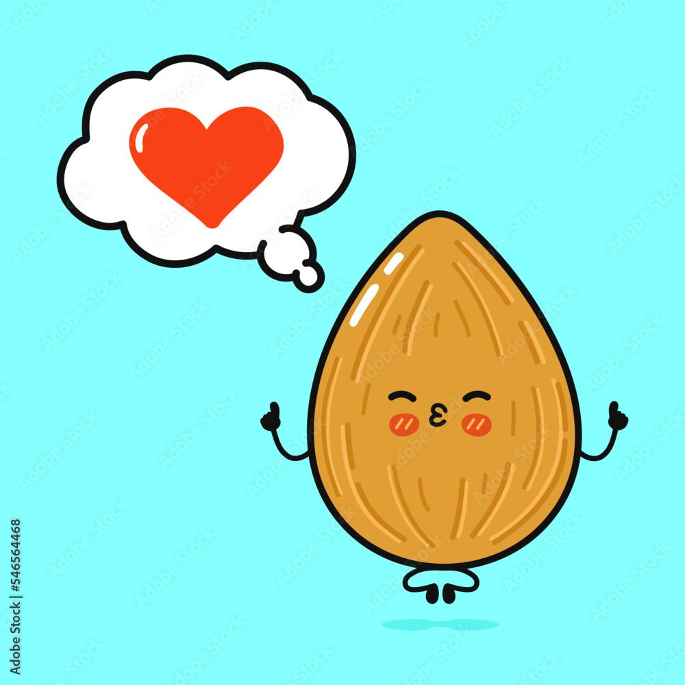Cute funny almond doing yoga with speech bubble. Vector hand drawn cartoon kawaii character illustration icon. Isolated on blue background. Almond in love character concept Cute funny almond doing yoga with speech bubble. Vector hand drawn cartoon kawaii character illustration icon. Isolated on blue background. Almond in love character concept