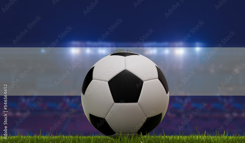 Soccer football ball on a grass pitch in front of stadium lights and el salvador flag. 3D Rendering