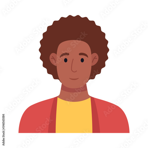 Black man with an afro in a red sweater. Male character icon. Vector flat illustration.