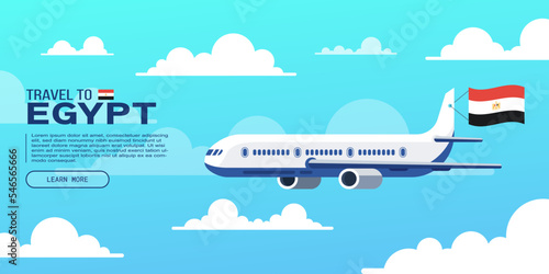 Travel to Egypt poster with flying plane and national flag. Banner for travel agency. Vector illustration.
