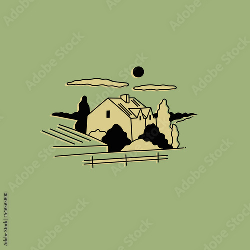 Rural landscape. Outline field, meadow, house, trees, road, clouds. Hand drawn Vector illustration. Minimalistic panoramic sketch of countryside. Isolated icon. Logo, print, poster template