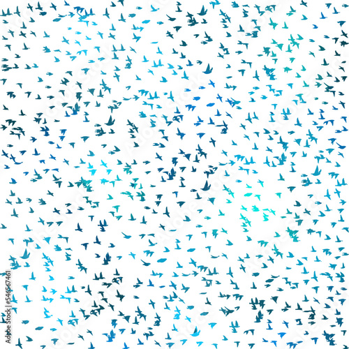 Seamless pattern flying birds. Lots of blue starlings. Vector illustration