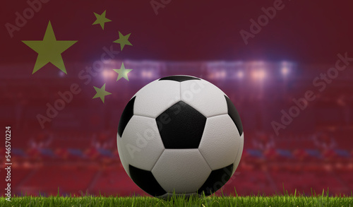 Soccer football ball on a grass pitch in front of stadium lights and china flag. 3D Rendering
