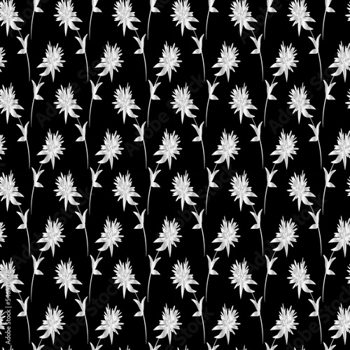 Chrysanthemum flowers in white and gray gradient colors on black background. Floral pattern in Japanese style. Seamless background, vector pattern. For design packaging, textiles.