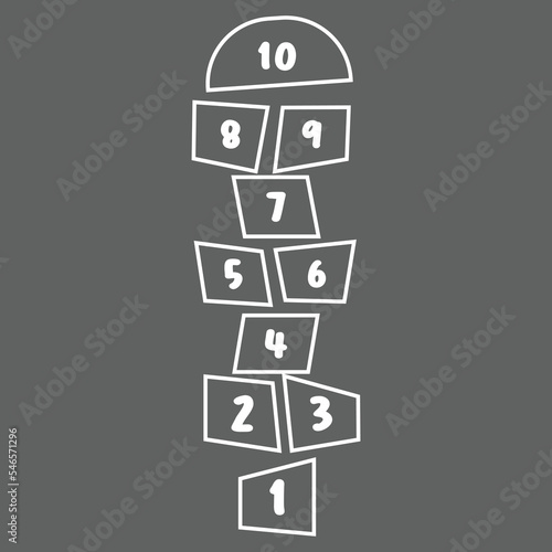 Hopscotch with color numbers drawn in chalk on asphalt. Hopscotch kid activity game. Outdoor summer game. Hand drawn vector illustration. Illustration with hopscotch game. Drawn in colored chalk.