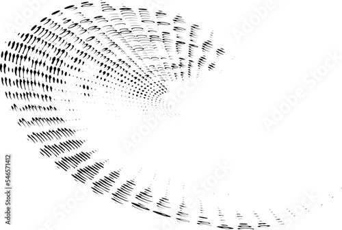 A halftone plane twisted in a spiral from dots, spots, strokes, beads. Space for copy text. For logos, signs, emblems. Imitation of a duplicate bottom layer. Vector.