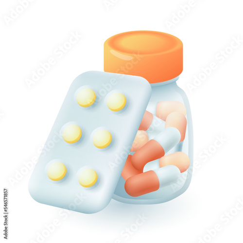 Glass bottle with pills and cap, blister with tablets 3D icon. Pharmaceutical capsules, vitamins and medicines from pharmacy 3D vector illustration on white background. Healthcare, therapy concept