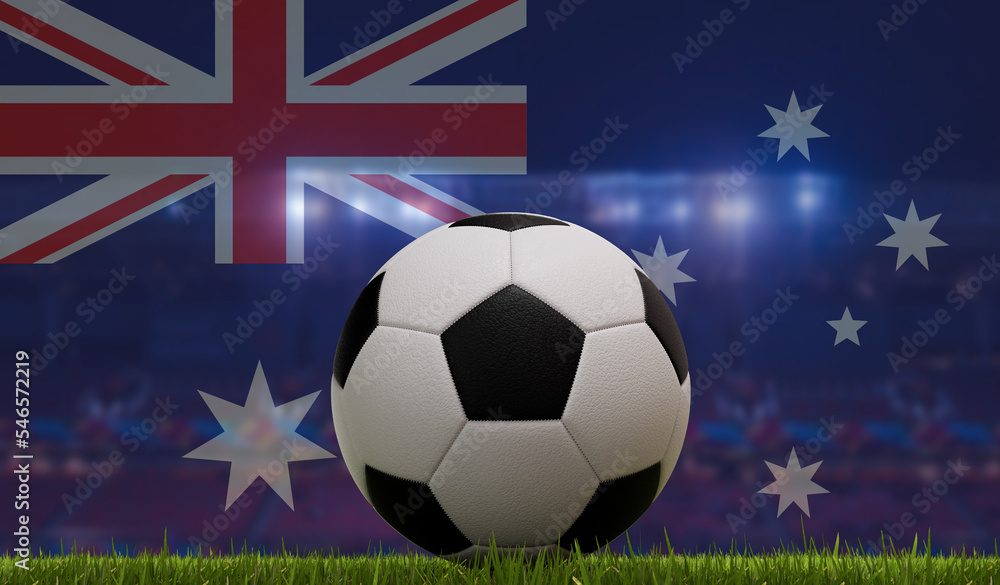 Fototapeta premium Soccer football ball on a grass pitch in front of stadium lights and australia flag. 3D Rendering