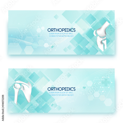 Medical infographic orthopedic anatomy. Abstract background with knee, shoulder bones, and joints. Orthopedics medical.Green and white. Vector illustration