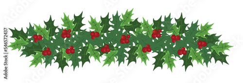 Decorative Christmas holly garland  may be used as a design element or border .  Christmas symbolVector  easily edited. Festive winter decor. Holly Christmas decorative border