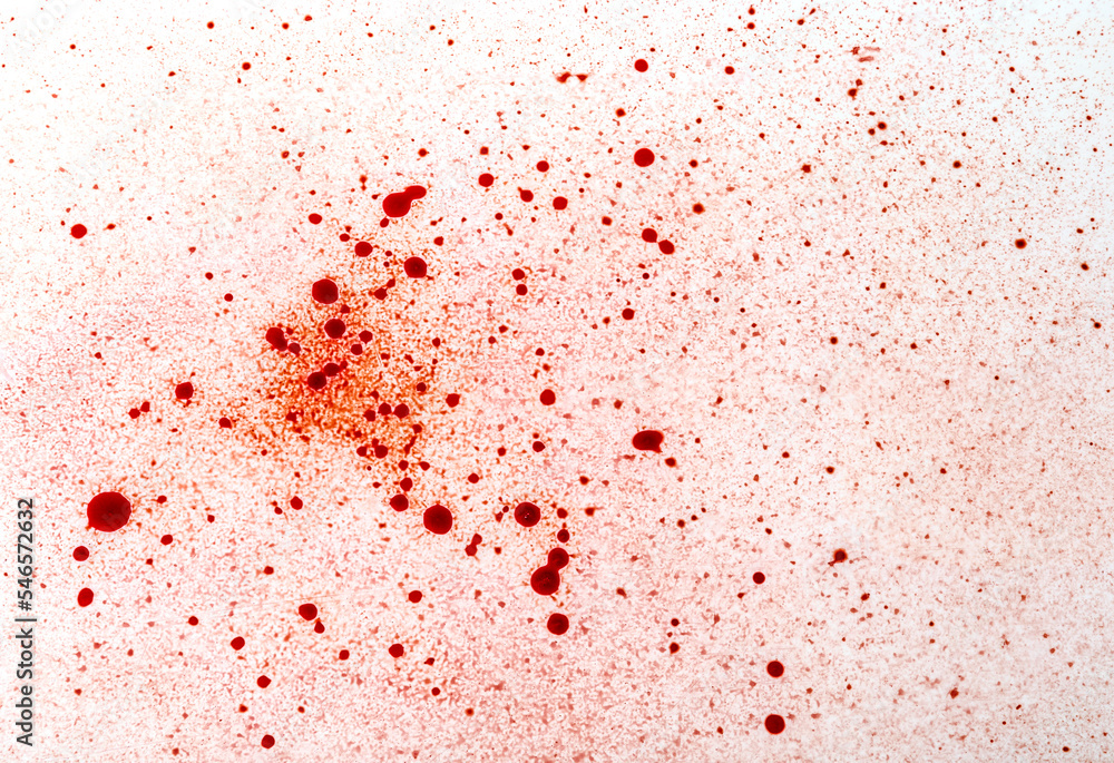 Red blood drops and splatters on white background. Halloween bloody background.