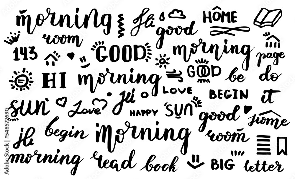 Good morning. Inspirational quote, wishing. Vector set handwritten lettering, inscription, calligraphy design. Text background