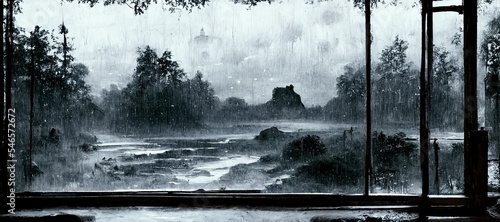 Fotografia Rainy Window. Window view with raining outside