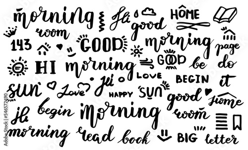 Good morning. Inspirational quote, wishing. Vector set handwritten lettering, inscription, calligraphy design. Text background