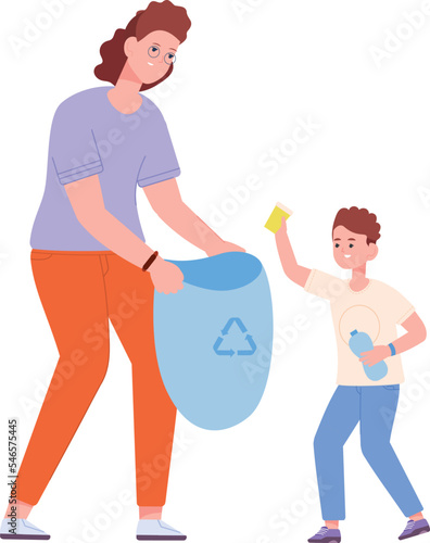 Mother and son cleaning and throwing trash. Family working together