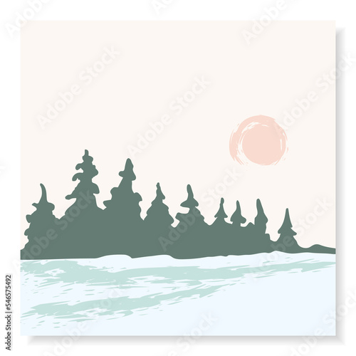 Simple color vector illustration. Winter landscape, snow, coniferous trees on the horizon. Frosty morning. Forest.