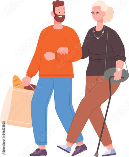 Man helping old woman carrying groceries. Volunteer for senior