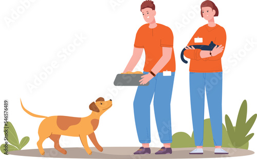 Volunteers feeding homeless pets. People caring about animals
