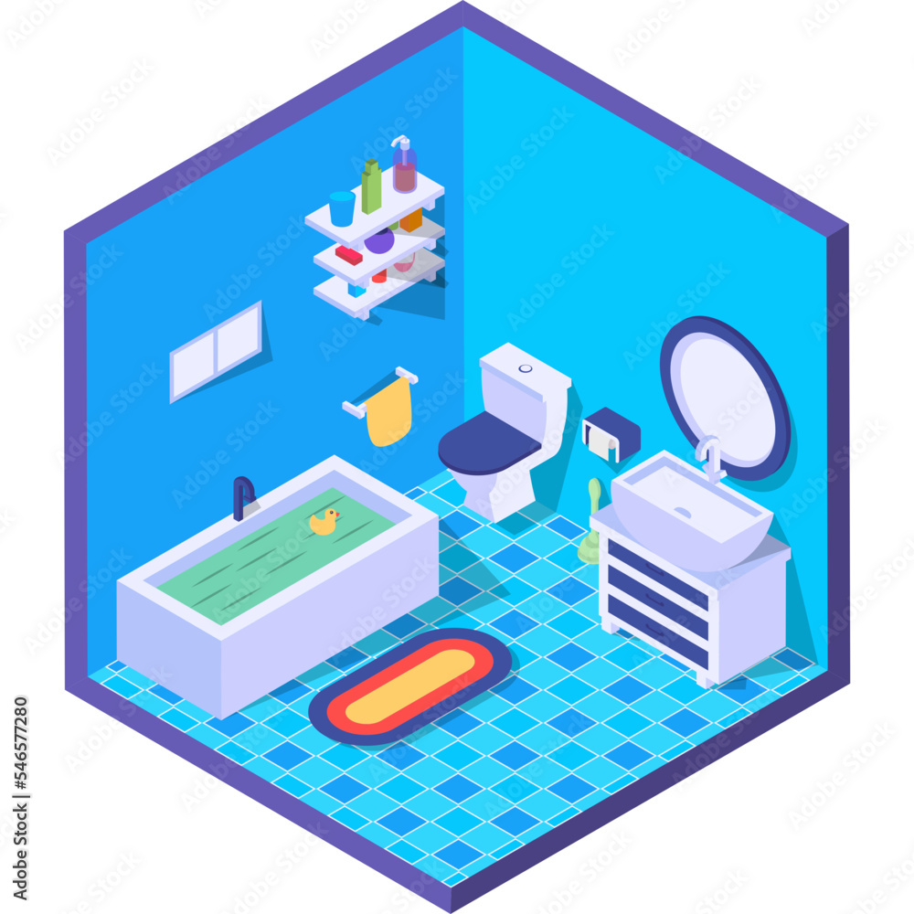Rest room with Wall Mirror Concept, Jacuzzi bath with washstand vector color isometric icon design, compact living space symbol, Interior Decoration Sign, low poly home office room stock illustration 