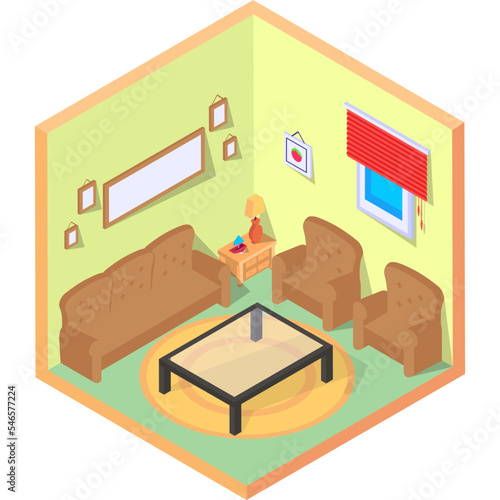 relaxing and socializing Apartment Area Concept, Common Sitting place vector isometric icon design, compact living space symbol, Interior Decoration Sign, low poly home office room stock illustration 
