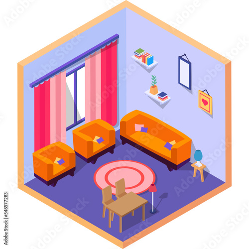 common sitting room equipped with sofa set Concept, Lounge area vector color isometric icon design, compact living space symbol, Interior Decoration Sign, low poly home office rooms stock illustration