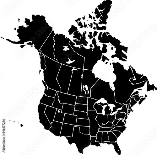 Black colored North America outline map. Political north american map. Vector illustration map. photo