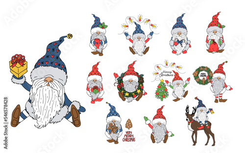 Set of Christmas gnomes isolated on white. Vector hand drawn illustrations.