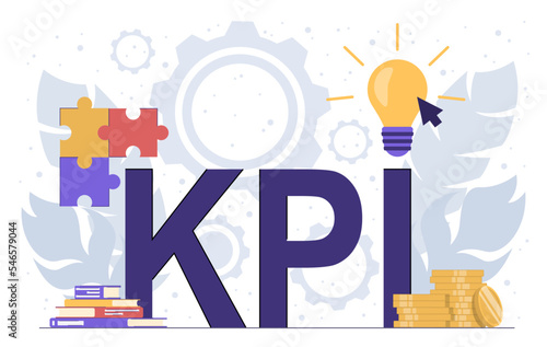 Key performance indicators. KPI lettering with light bulb, books, puzzles and gears