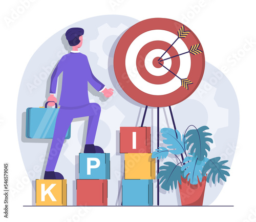 Key performance indicators. Businessman goes to the goal by the KPI cubes
