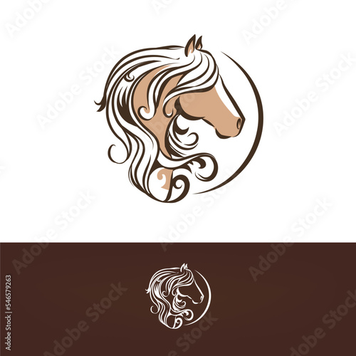 Horse head logo in round shape, with monochrome variation, frisian horse with long curly mane symbol