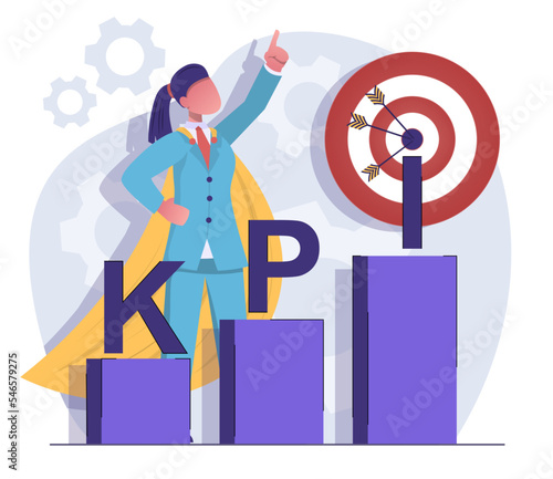 Key performance indicators. Businessman woman strives for a goal, next to the KPI chart