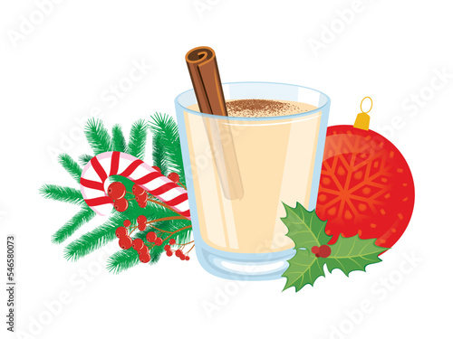 Eggnog Christmas still life vector. Glass of eggnog with cinnamon drawing. Eggnog drink and christmas decorations icon vector isolated on a white background