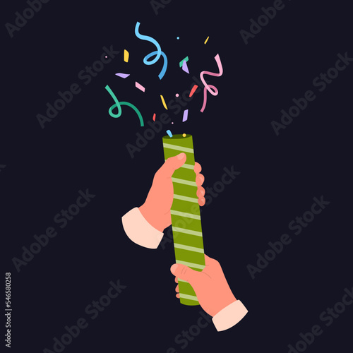 Clapperboard with confetti. Exploding party popper in human hands. Flat vector illustration.