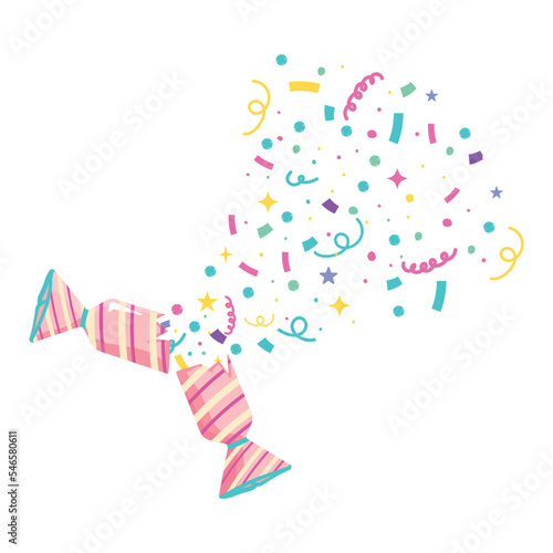 Vector illustration of confetti for denouement day decoration. Pink clapper for holiday party with confetti.