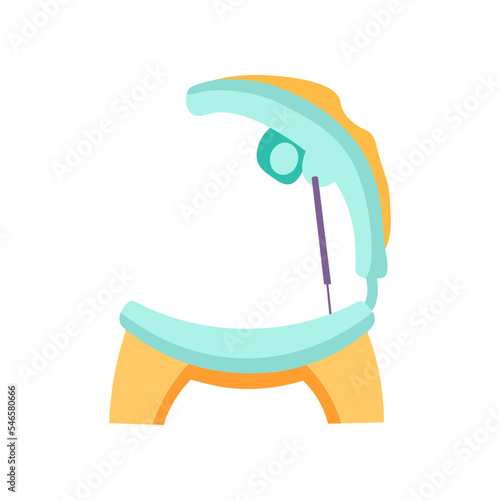 Yellow and blue opened tanning bed side profile illustration. Cosmetic procedure in spa salon, horizontal sunbathing machine or bed. Solarium, wellness, recreation, care, relaxation concept