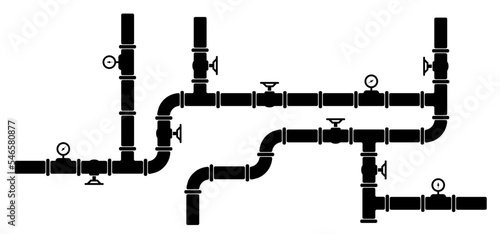 Water, oil or gas pipeline with fittings and valves. Pipeline and black tap, open, close. Globe valve icon or pictogram. Vector pipe fitting symbol. Wastewater or Waste water logo. Distribution.
