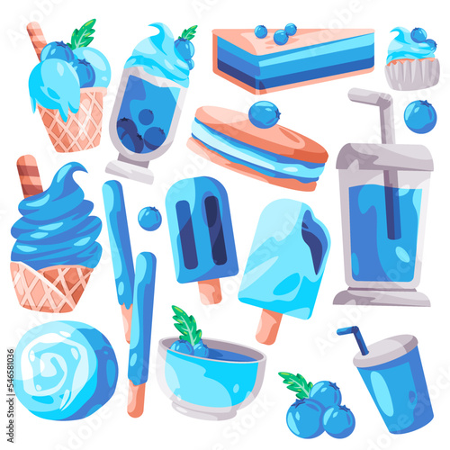 Blue berry sweets cake ice cream and beverages cartoon illustration set collection