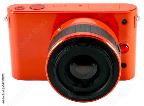 Orange mirrorless camera front view.