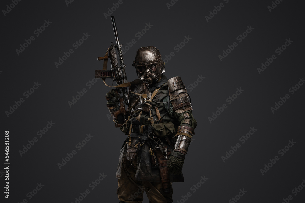 Portrait of isolated on grey stalker surviving in post apocalypse. Portrait of isolated on grey stalker surviving in post apocalypse.