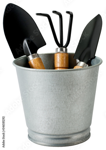 Canvastavla Set of gardening tools in metal zinc bucket.
