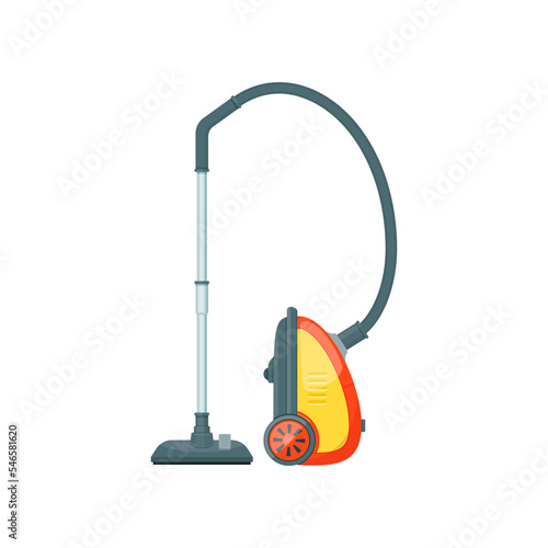 Red and yellow vacuum cleaner cartoon illustration. Floor cleaning machine, home cleaning tool. Maintenance, household, housekeeping concept