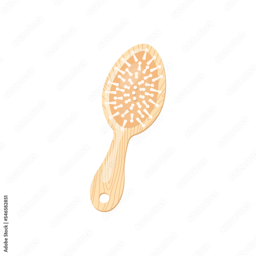 Wooden hair brush cartoon illustration. Zero waste bamboo wooden comb or hair brush, reusable bath product. Eco friendly lifestyle, care concept Wooden hair brush cartoon illustration. Zero waste bamboo wooden comb or hair brush, reusable bath product. Eco friendly lifestyle, care concept
