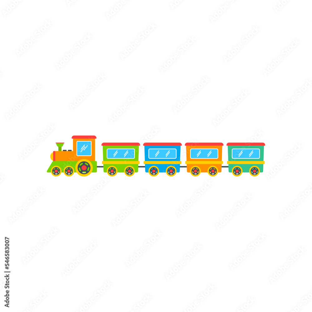 Colorful toy train for passangers cartoon illustration. Colorful kids locomotive, engine or wagons. Entertainment, recreation, childhood, transportation, vehicle concept