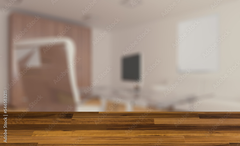 Elegant office interior. Mixed media. 3D rendering.. Mockup. E. Background with empty wooden table. Flooring. Elegant office interior. Mixed media. 3D rendering.. Mockup. E. Background with empty wooden table. Flooring.