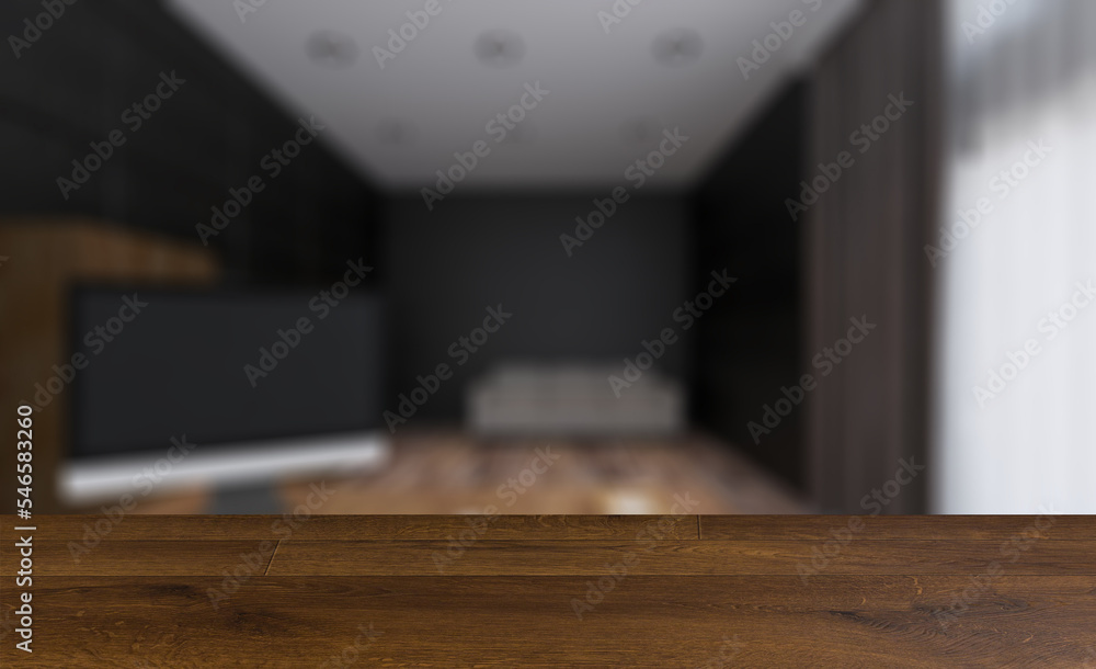 Front view of an office interior with a row of dark wood tables.. Background with empty wooden table. Flooring. Front view of an office interior with a row of dark wood tables.. Background with empty wooden table. Flooring.