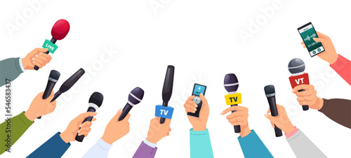 Press conference. News reporters and journalists hands with microphones record broadcaster announcement talks vector illustration