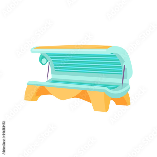 Yellow and blue opened tanning bed cartoon illustration. Cosmetic procedure in spa salon, horizontal sunbathing machine or bed. Solarium, wellness, recreation, care, relaxation concept