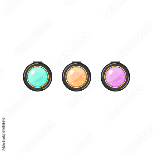 Three round eyeshadows cartoon illustration. Packages of decorative cosmetics, eye shadow. Skin care, beauty concept
